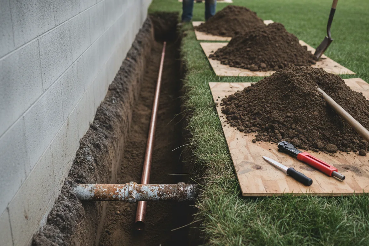 Excavated water line trench during Water Softener Installation in Libertytown
